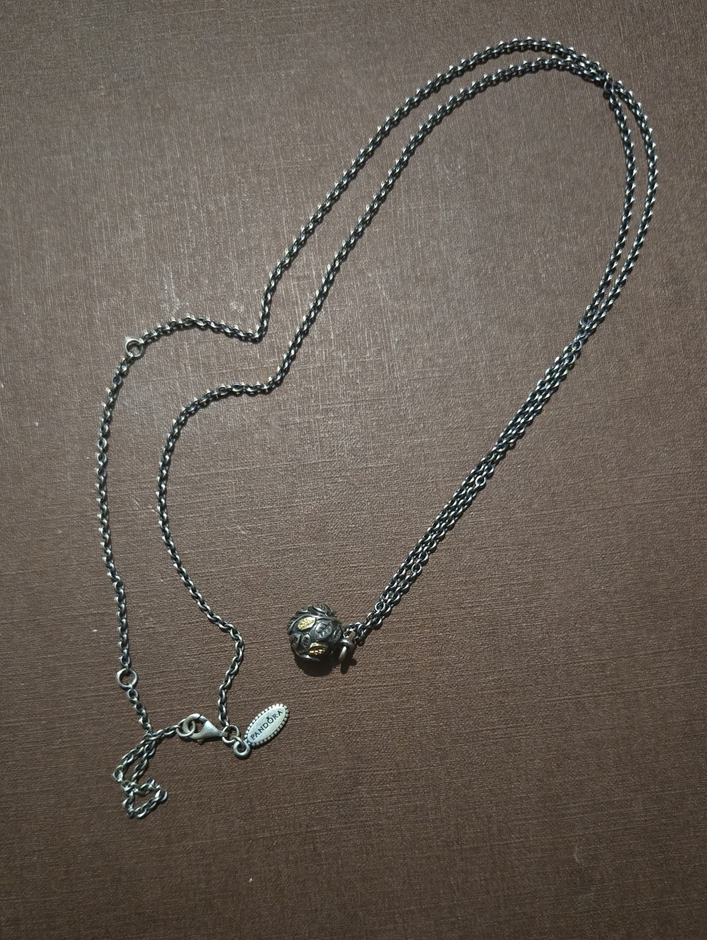 Vintage Pandora Oxidized Silver and 14K Gold Tree of Life Floral Orb Necklace